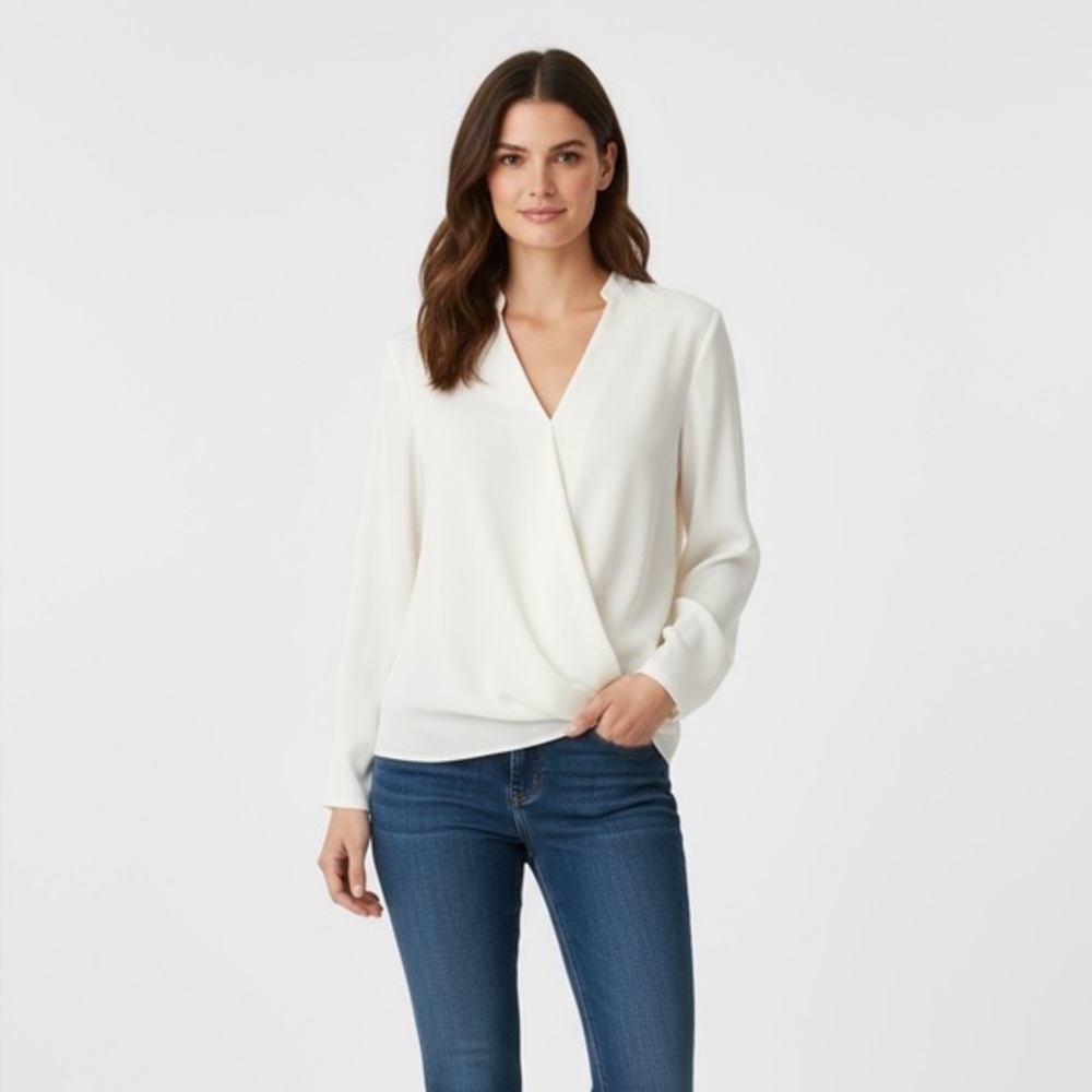 Naked Zebra Ivory Drape Hem Blouse V-Slit Neck Long Sleeve – Size S